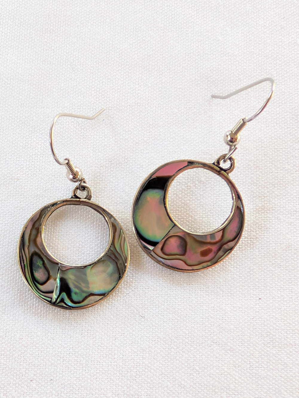 México Alpaca Abalone Inlay Open Circle Drop Earrings - Iridescent